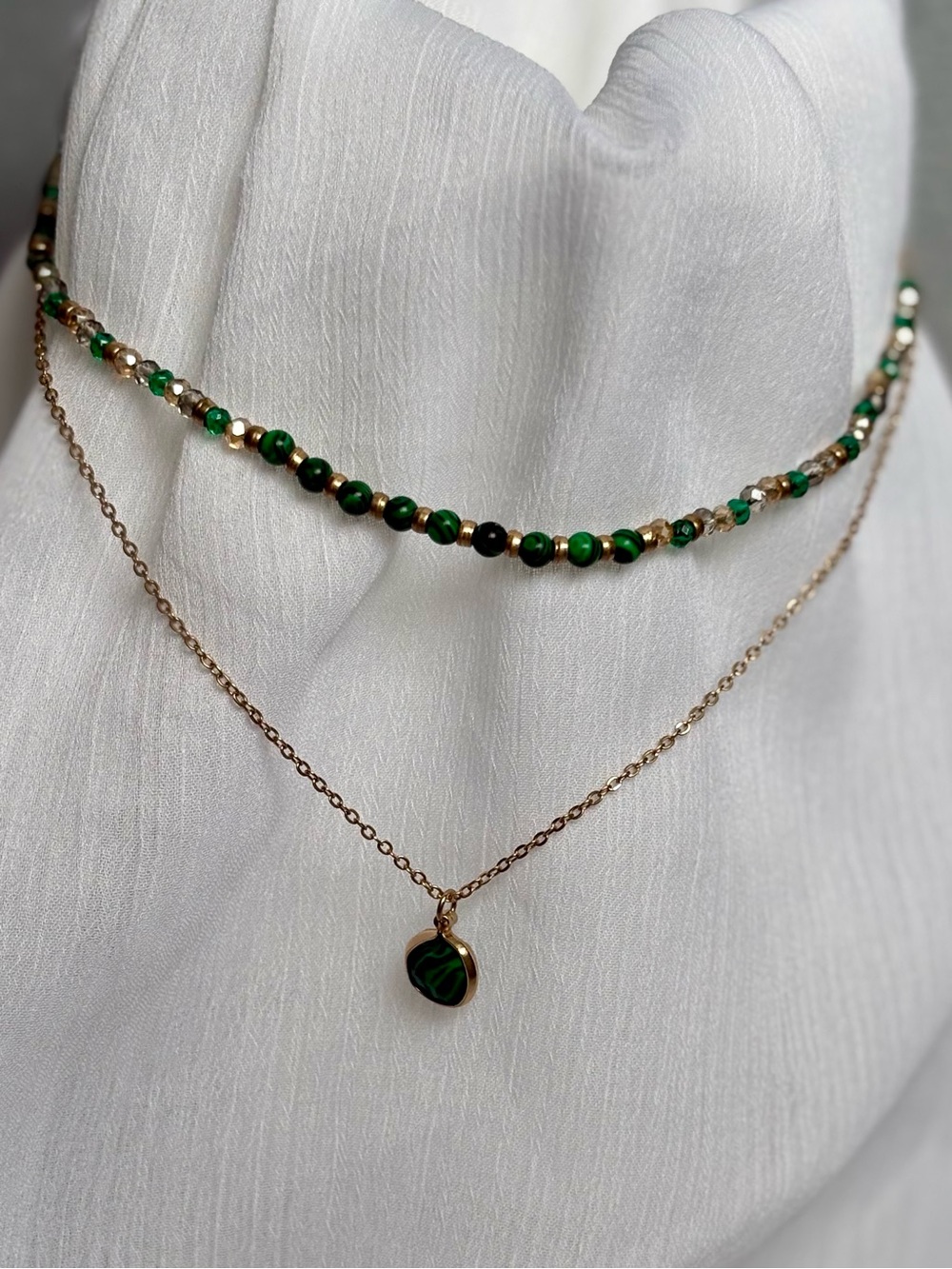 Gold Layered Necklace with Green Beads and Pendant